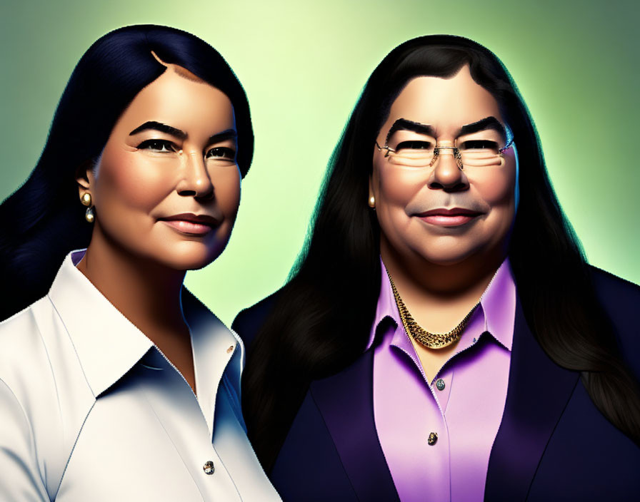 Stylized side-by-side portraits of woman in different sizes and attire on two-tone background