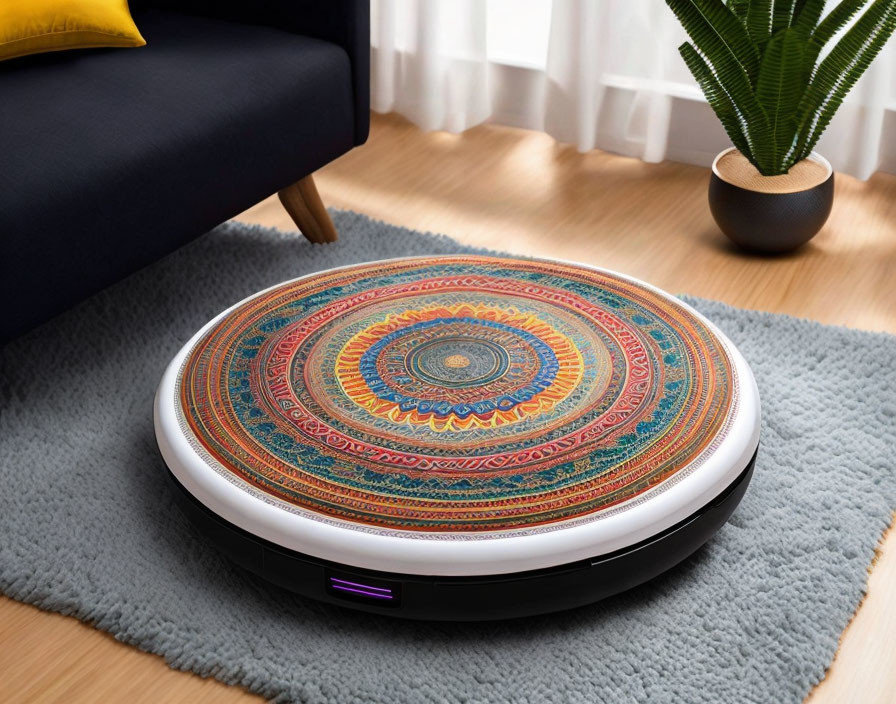 Patterned Robotic Vacuum Cleaner on Grey Carpet in Room with Wooden Flooring and Potted Plant