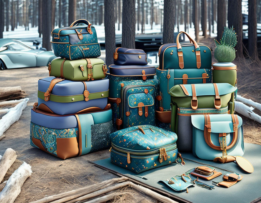 Stylish Teal and Brown Luxury Luggage Set Outdoors