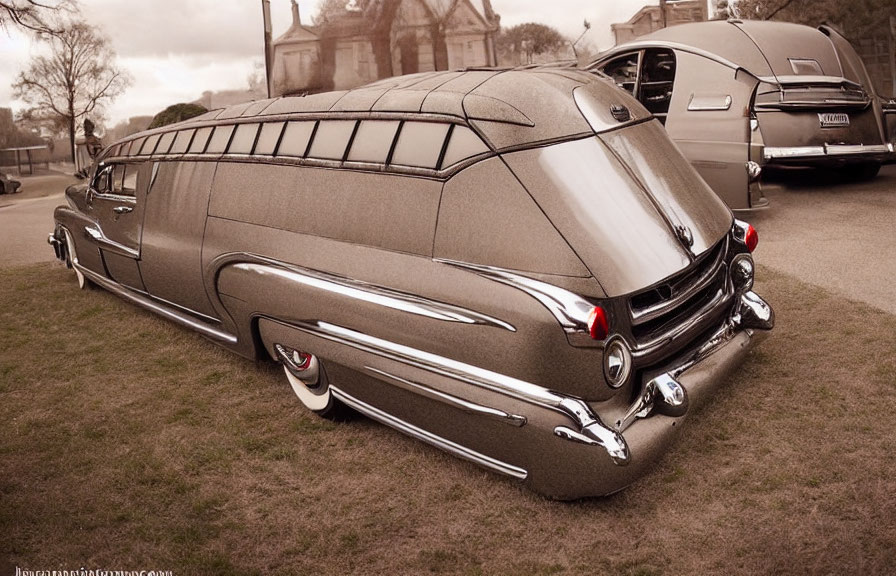 Vintage hearse parked on grass with classic cars in sepia tone