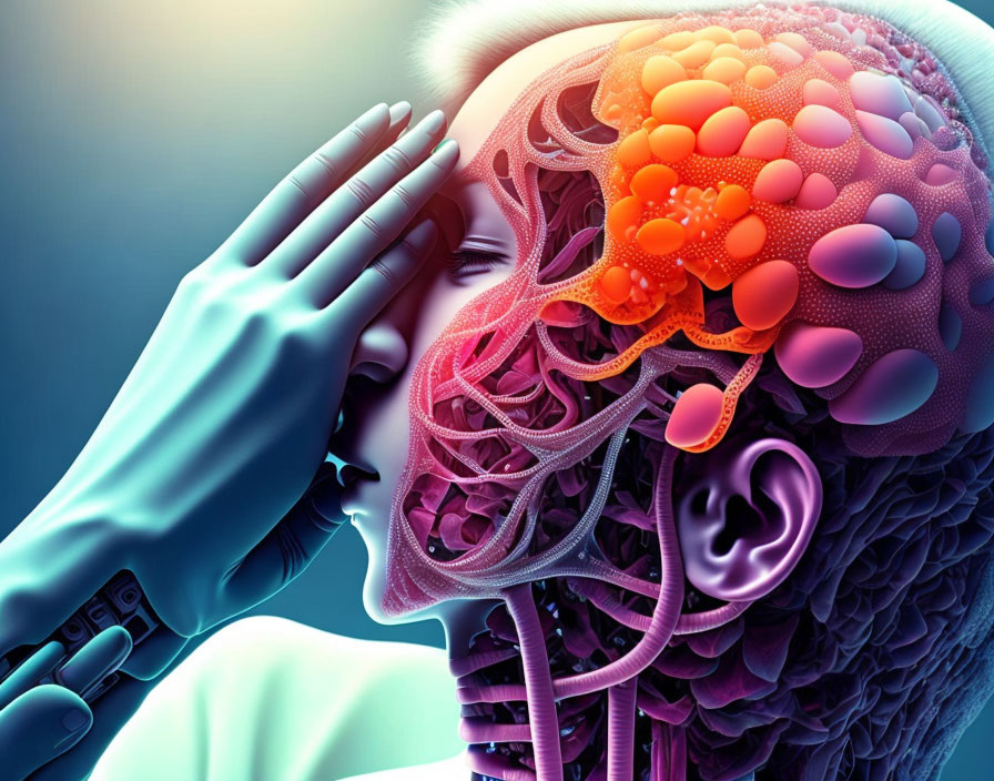 Vibrant side cutaway view of human head with brain and sinuses highlighted