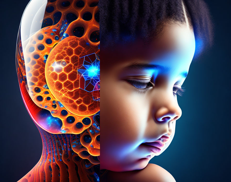 Child's profile and futuristic brain illustration in digital art.