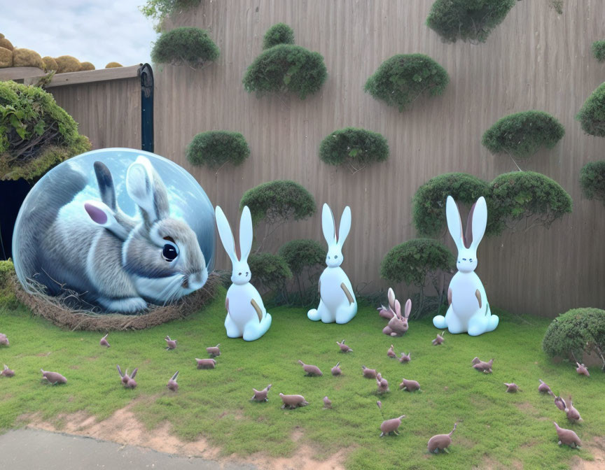 Whimsical 3D rabbit in nest with white statues and small figures on grassy area