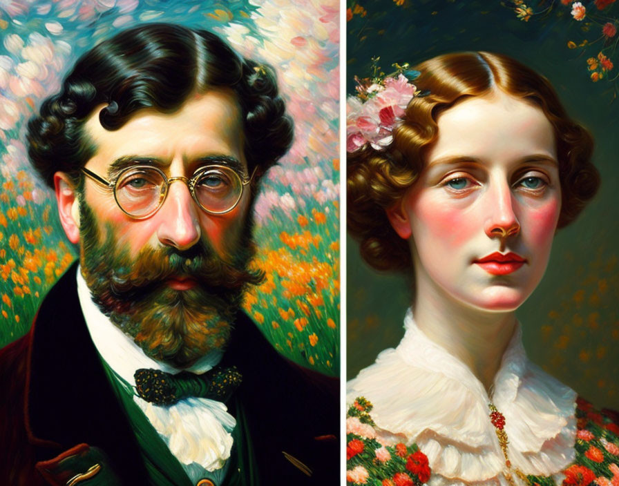 Classic Portraits of Bearded Man and Woman with Flowers