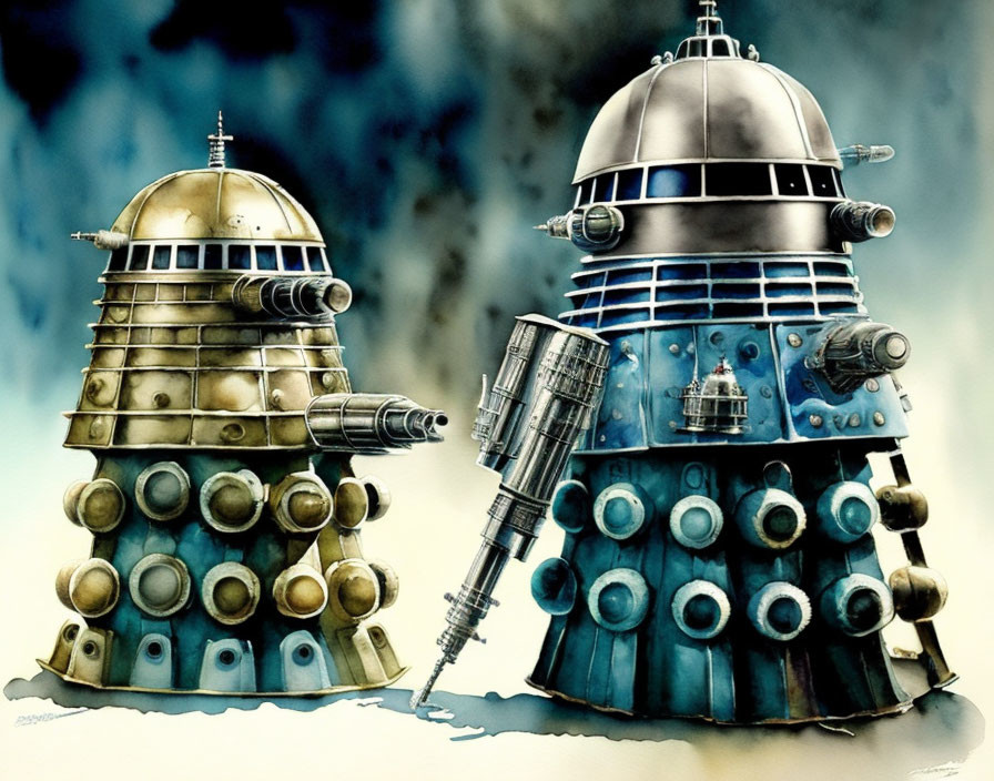 Detailed artwork of gold and blue Daleks from Doctor Who on dark background