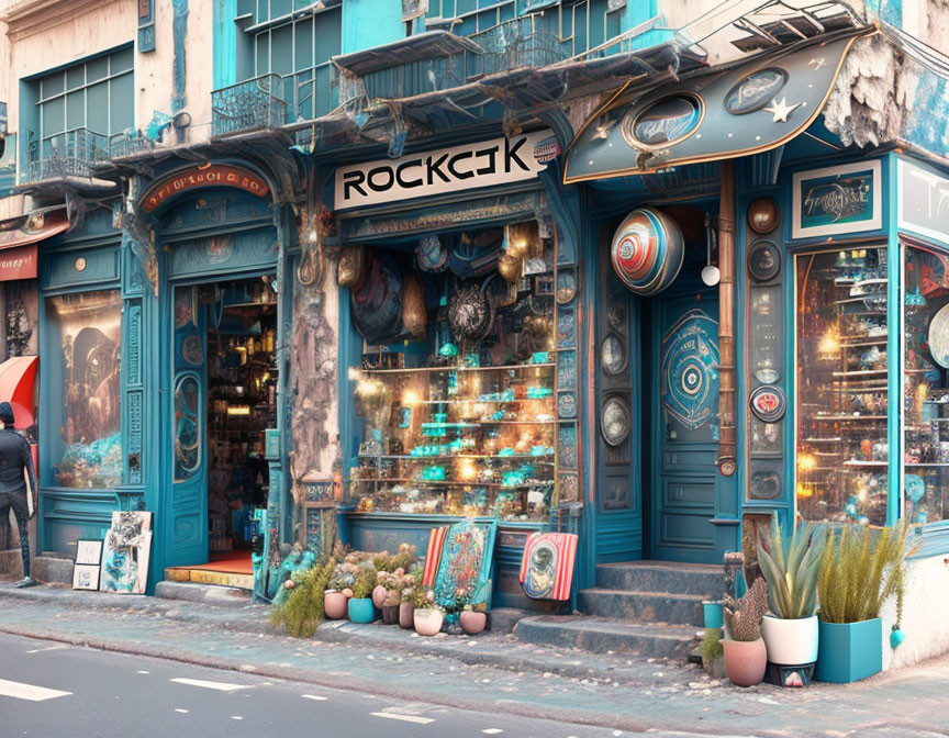 Colorful urban storefront with eclectic decor and "ROCK" sign on vibrant street