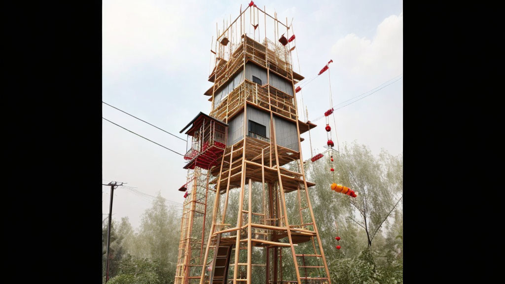 Wooden tower with red lanterns under hazy sky