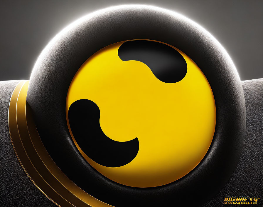 Black and Yellow Smiley Face Button with Glossy Surface against Dark Textured Background