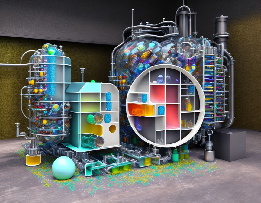 Vibrant 3D illustration of futuristic machine with colorful tubes and containers