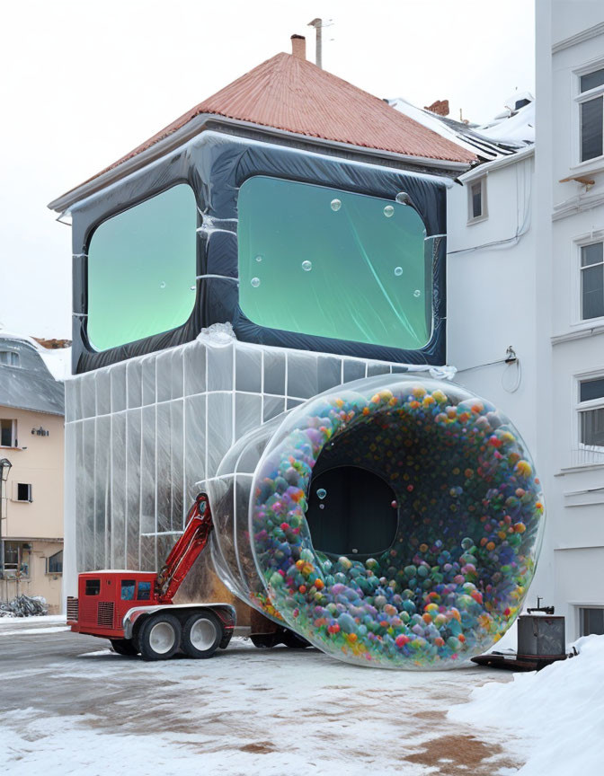 Silver inflatable face structure with glasses and colorful balls in snowy setting