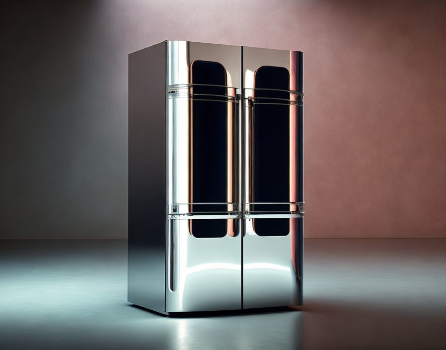 Modern silver refrigerator with double doors and chrome handles on pinkish-gray background