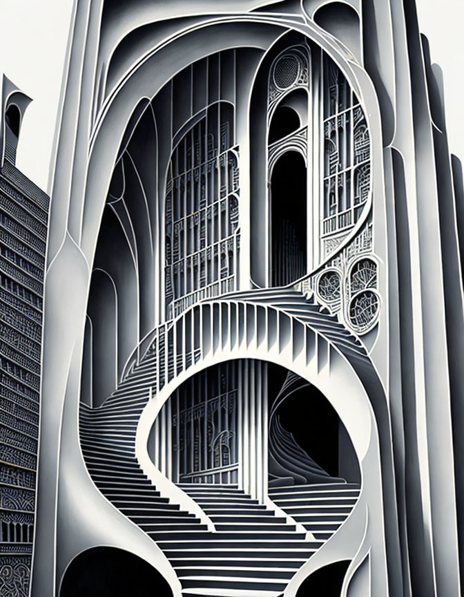 Monochromatic futuristic building with intricate architectural details