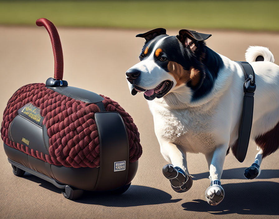 Smiling dog with leash pulling suitcase symbolizes travel joy