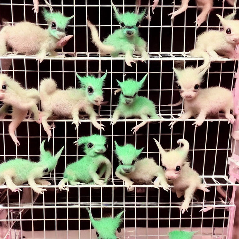 Animated green monkey-like creatures with large ears in pink-hued cage setting