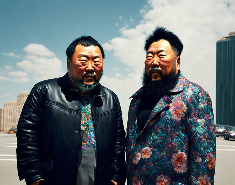 Two Men with Similar Appearances and Facial Hair on Street in Different Outfits