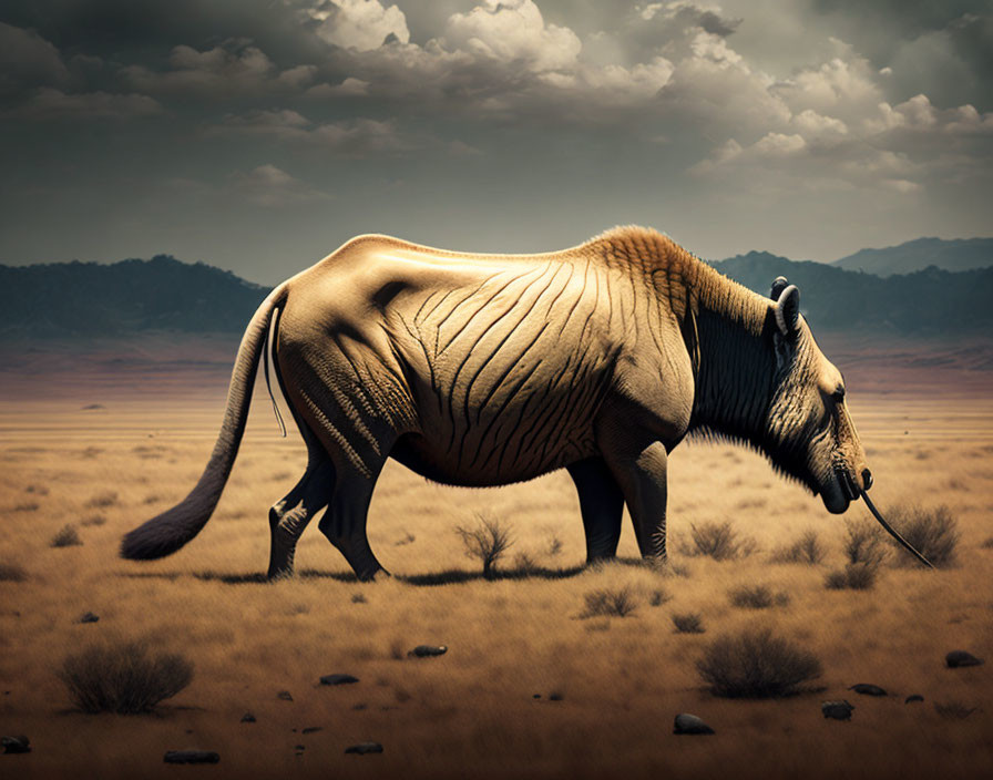 Mythical lion-elephant hybrid in surreal desert landscape