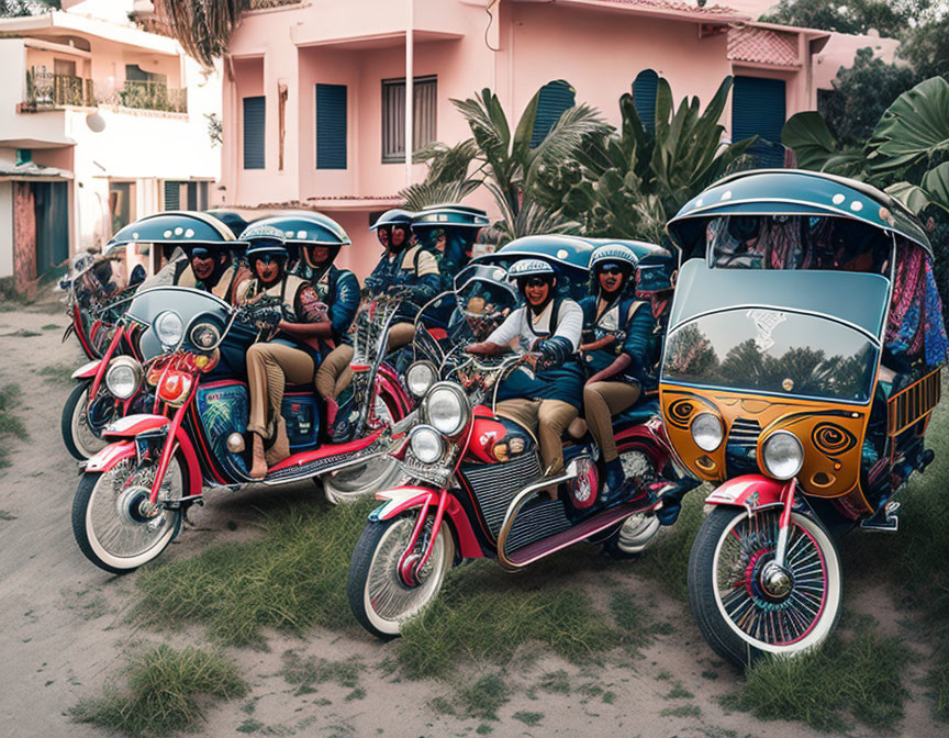 Colorful tuk-tuks with people in helmets on residential street