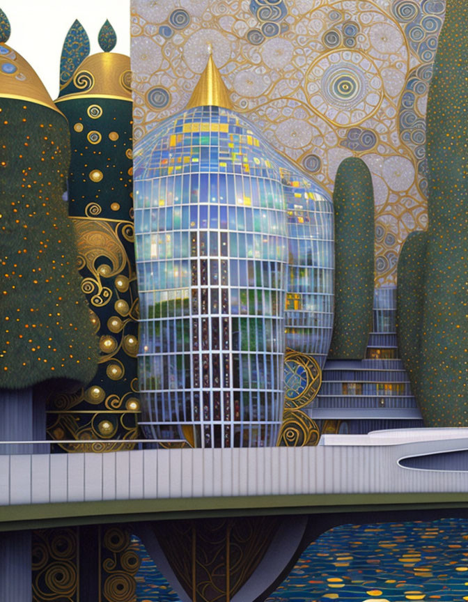 Surreal illustration: Reflective egg-shaped building, stylized trees, golden embellishments, swirling