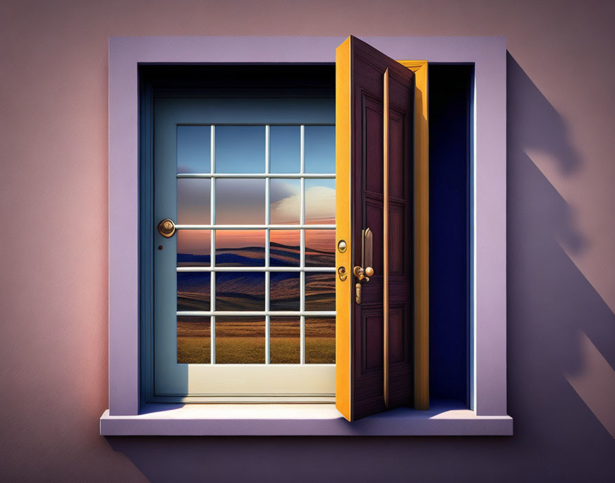 Wooden door and window frame showcase sunset over hills on purple wall