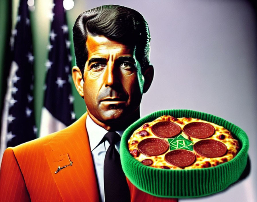 Grey-Haired Man in Orange Suit with Pepperoni Pizza on Abstract Background