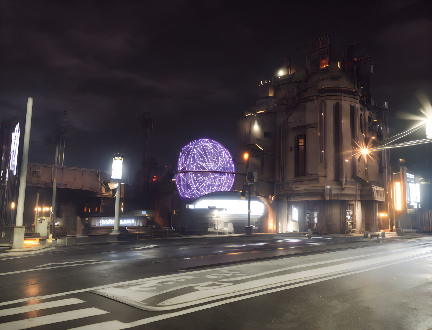 Deserted urban crossroad at night with glowing signs and neon light installation