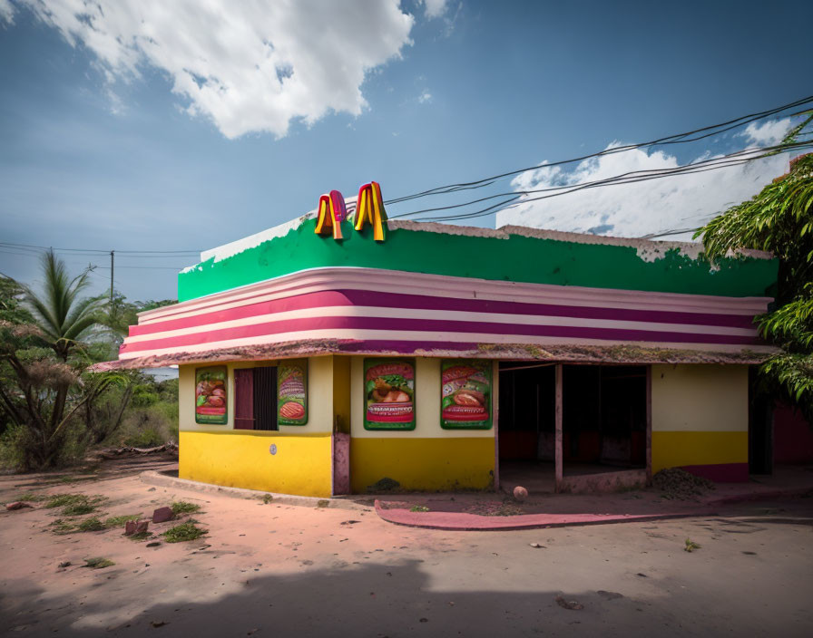 Abandoned building with faded colors resembling a fast-food restaurant under cloudy sky.