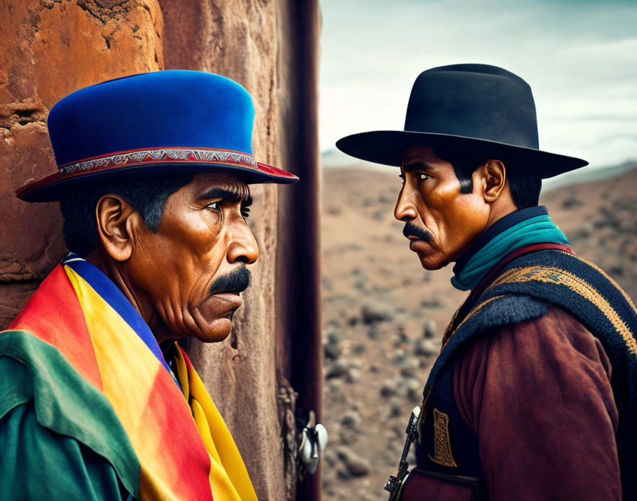 Men in South American attire with wide-brimmed hats in desert landscape