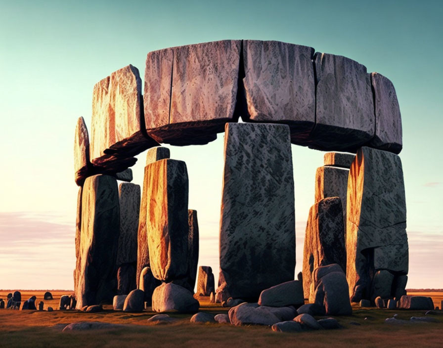 Digital depiction of Stonehenge with standing stones in circular formation under golden-hour sky