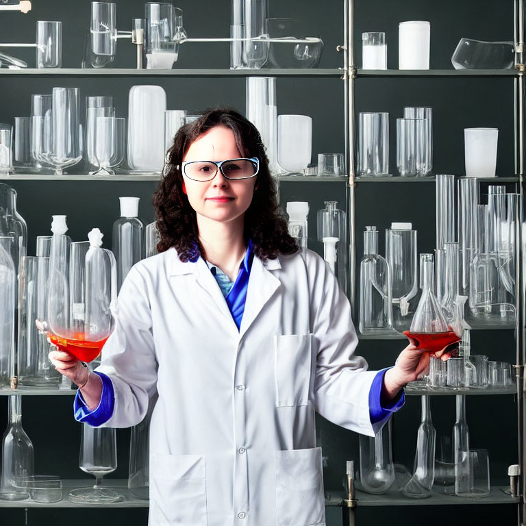 Female scientist in lab coat and safety glasses with flask in front of glassware shelf