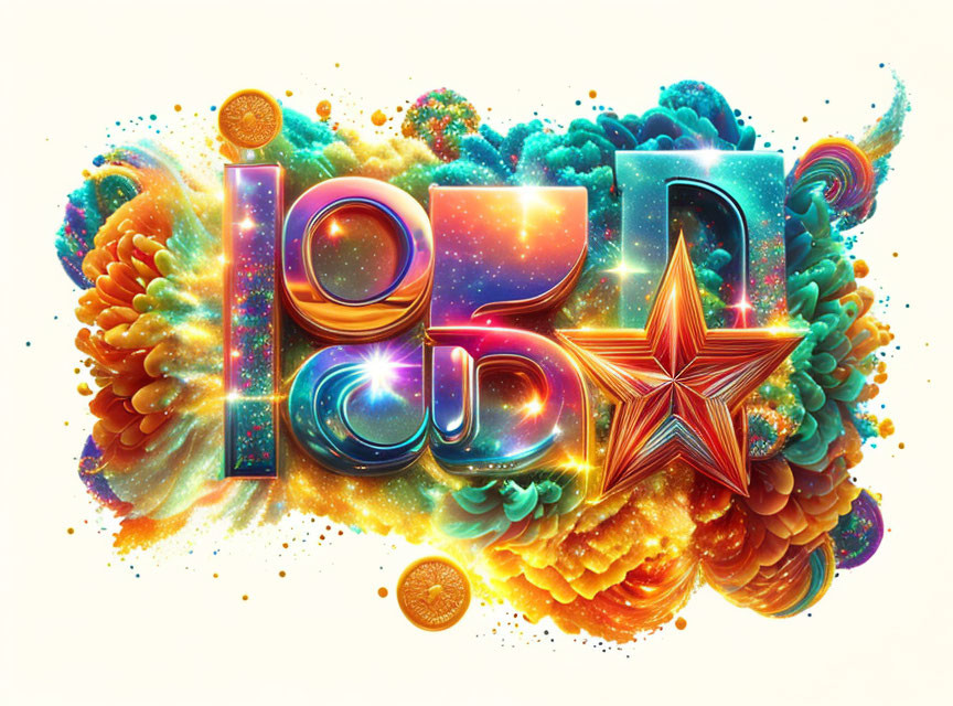 Colorful artwork: "LOUD" in bold letters with star, floral and cosmic patterns