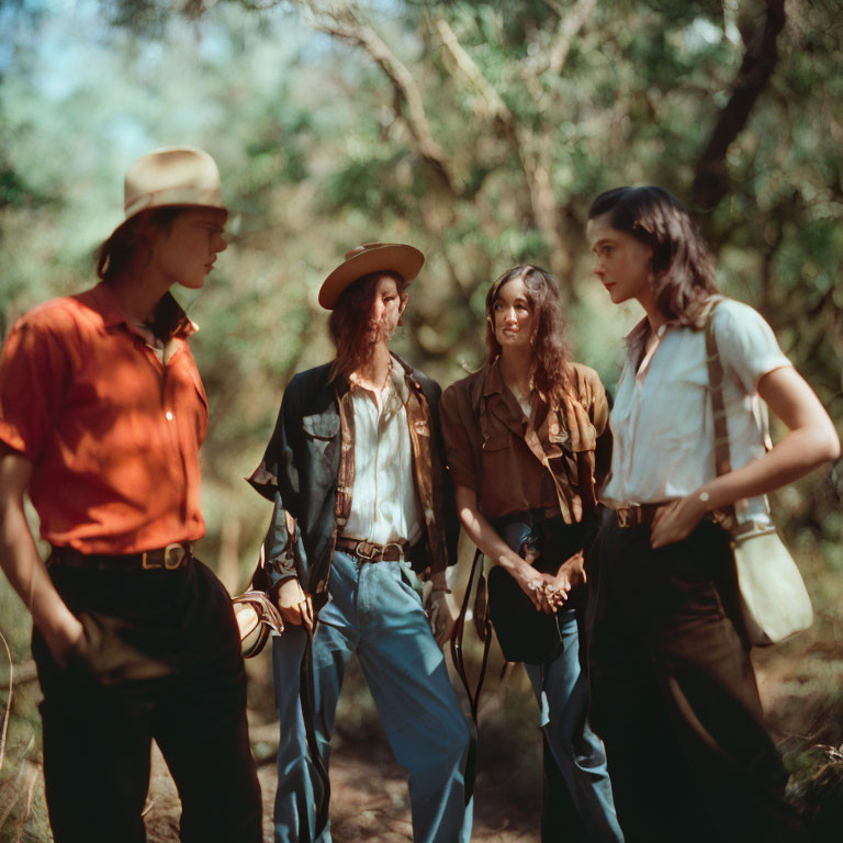 Vintage Clothing: Four People Talking in Wooded Area
