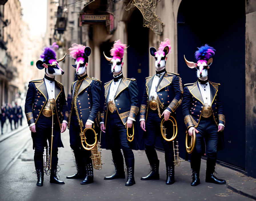 Five people in cow masks and pink wigs with brass instruments on city street