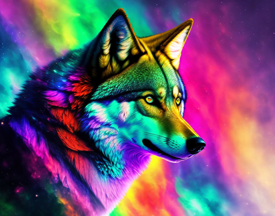 Vibrant multicolored wolf against cosmic background