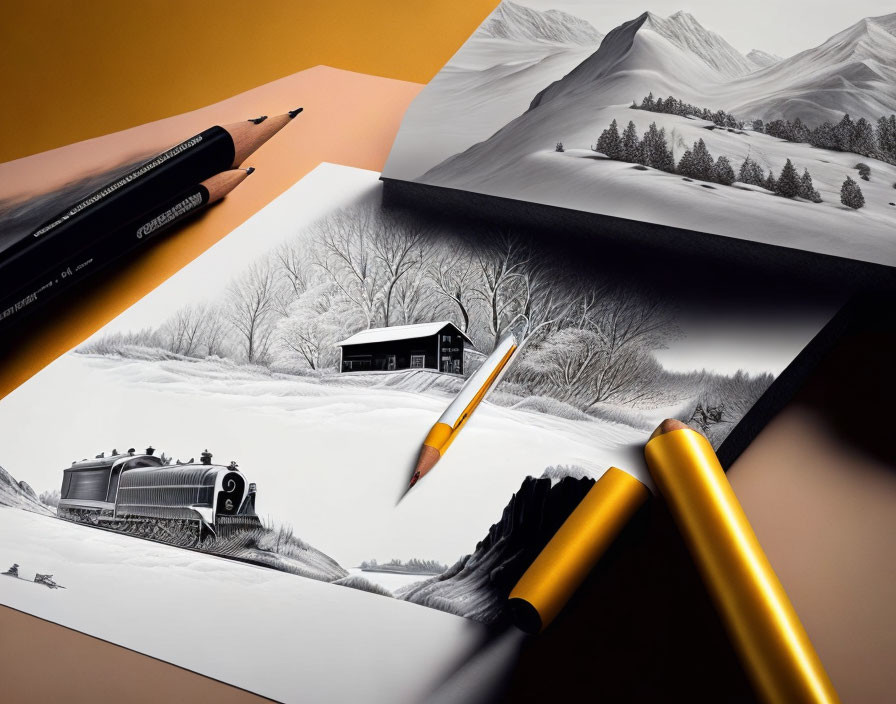 Realistic pencil drawings of house, train, and mountains with drawing tools displayed