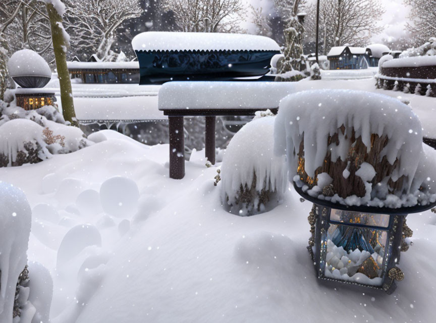 Snowy winter landscape with lantern, benches, passing train, and snow-covered trees.