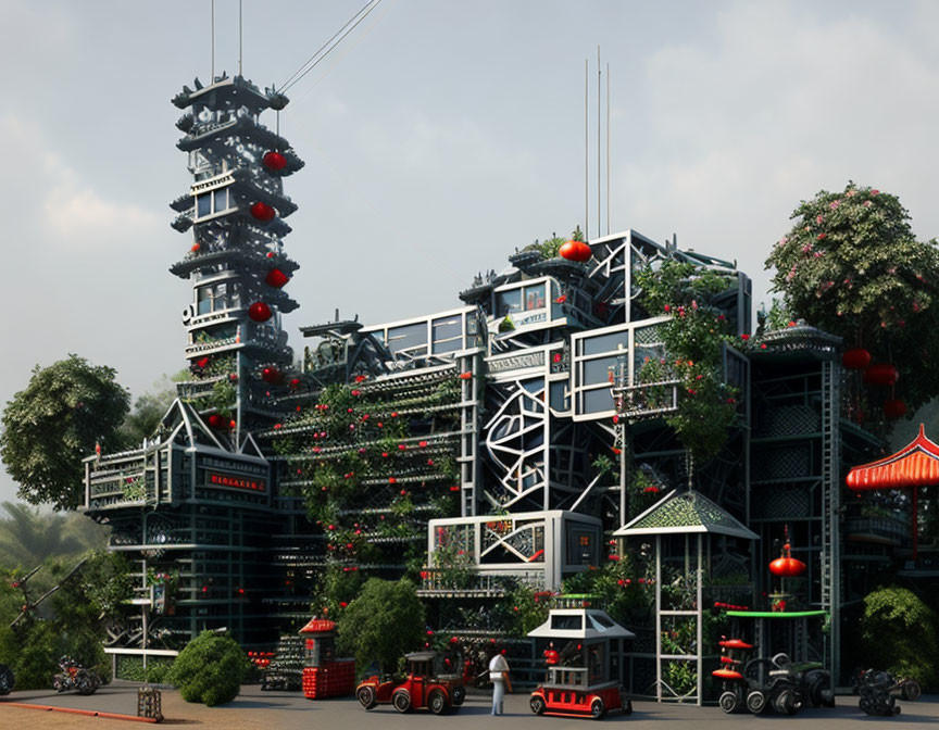 Vertical garden on multi-tiered building with red accents and traditional architecture against hazy sky