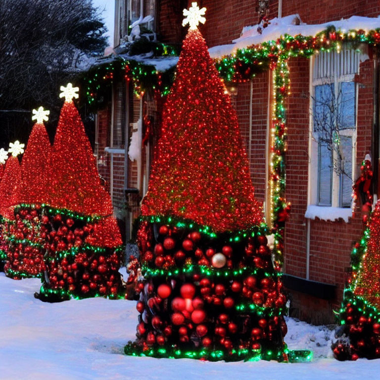 Snow-covered house with Christmas lights and decorated trees.