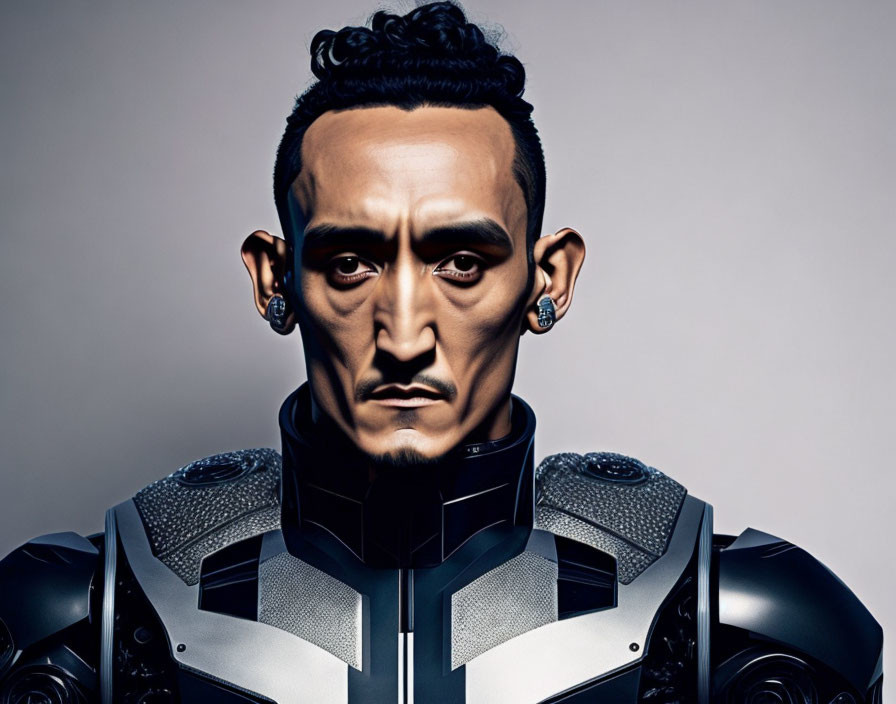 Hyper-realistic humanoid robot with stern expression and metallic neck in dark shoulder armor