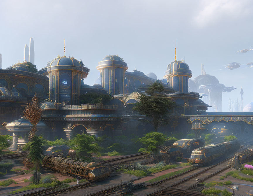 Futuristic train station with ornate buildings, greenery, and airships