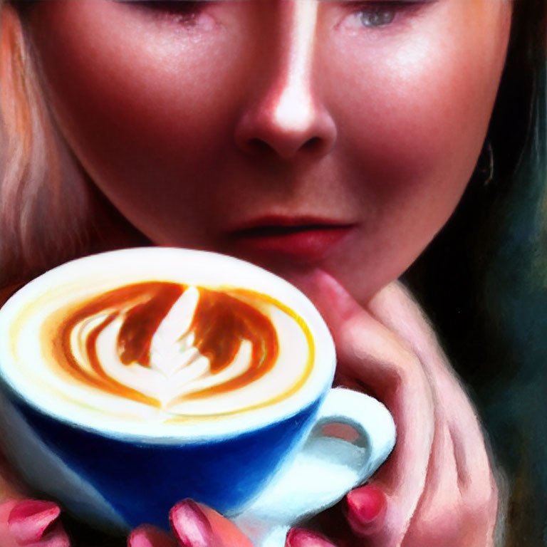 Person enjoying coffee with heart-shaped latte art close-up.