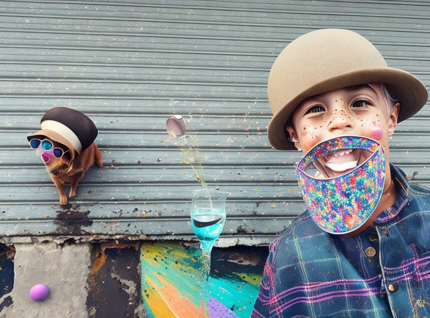 Child in Hat Pretending to Catch Candies with Dog in Sunglasses and Cap on Textured Back