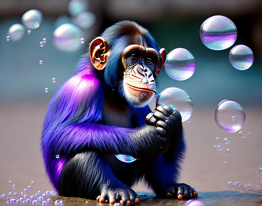 Colorful Monkey Blowing Bubbles in Purple and Blue on Dark Background