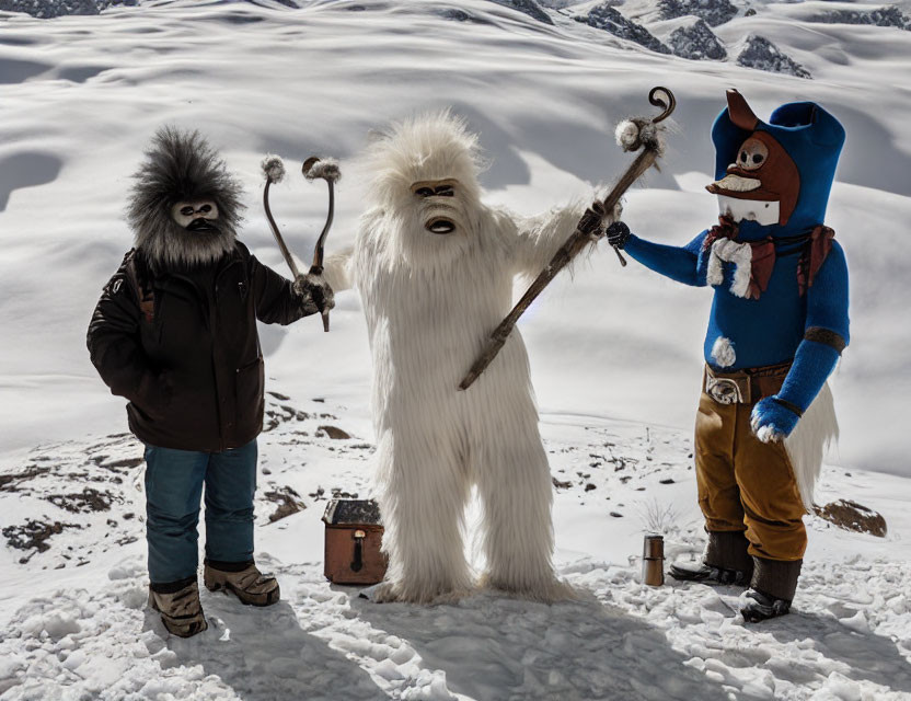 Three Costumed Characters on Snow-Covered Terrain