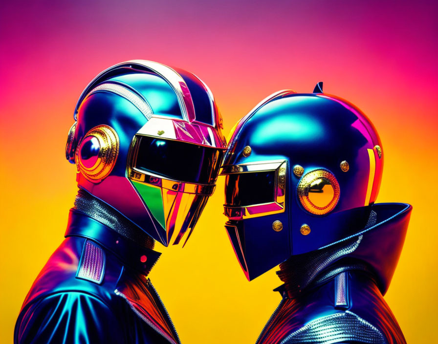 Vibrant metallic helmeted figures on neon gradient background