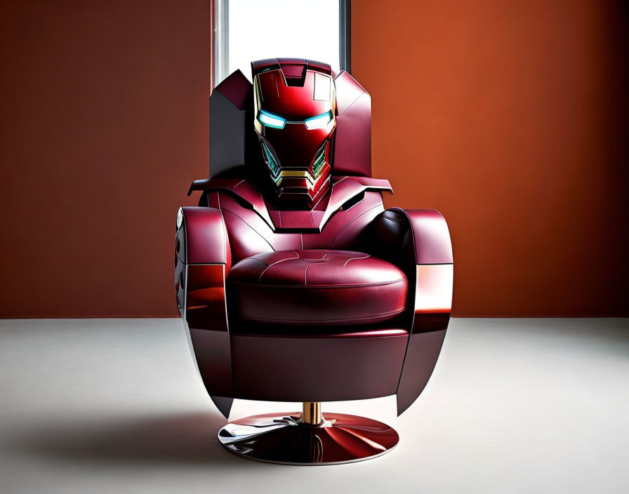 Armchair with Iron Man-inspired design: red and gold color scheme, helmet-shaped backrest