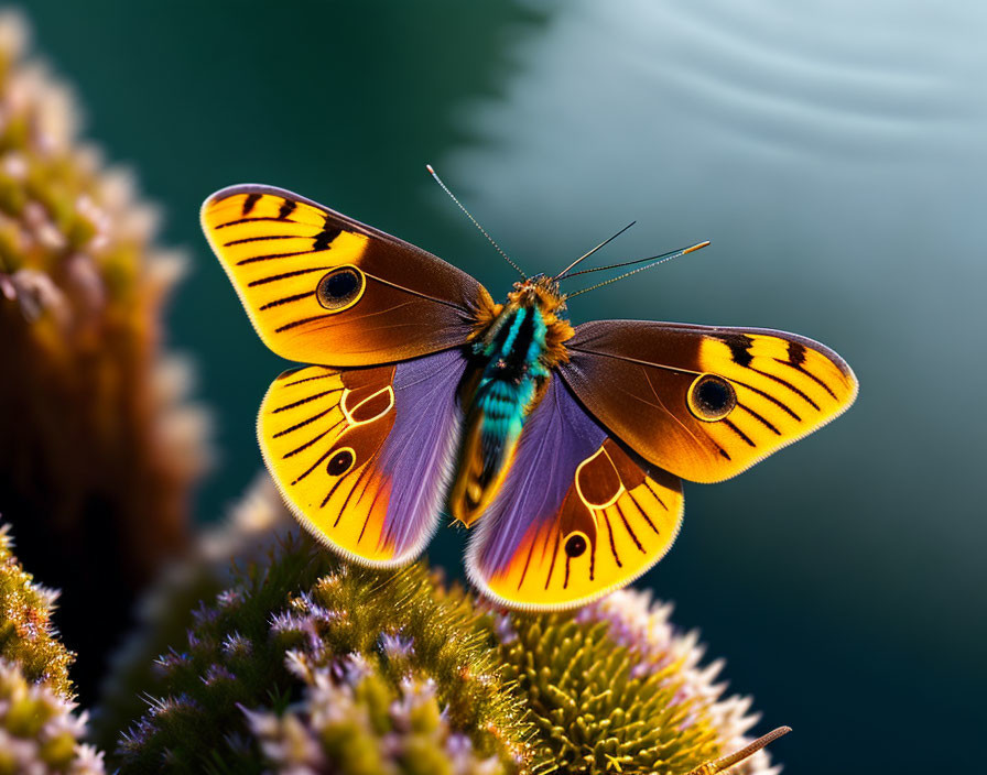 Colorful Butterfly with Orange and Black Wings on Plant by Green Water