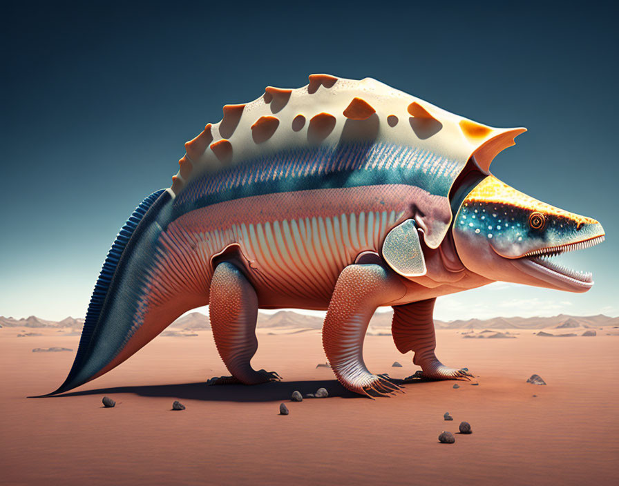 Vibrant orange and blue dinosaur-like creature in desert landscape