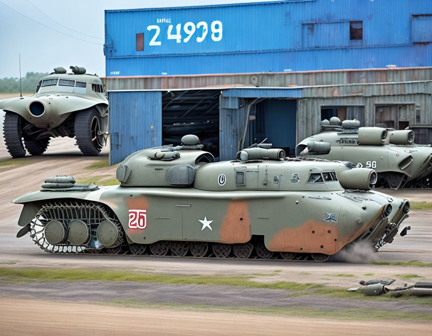 Vintage Military Tanks in Camouflage on Dirt Field Near Blue Hangar