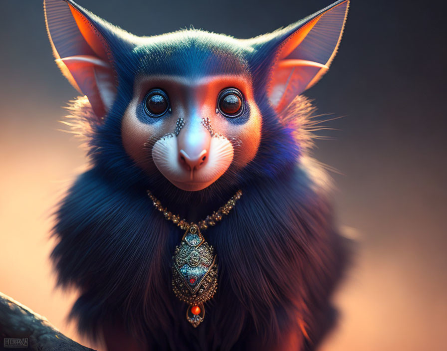 Fantastical creature with big blue eyes, prominent ears, black mane, and ornate necklace