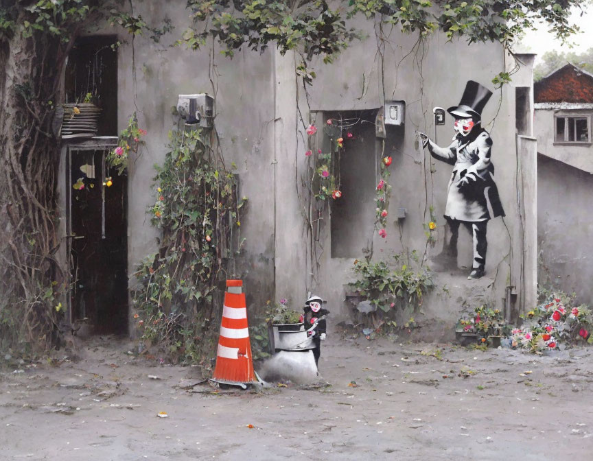 Urban mural of man in top hat painting wall with cone and flowers.